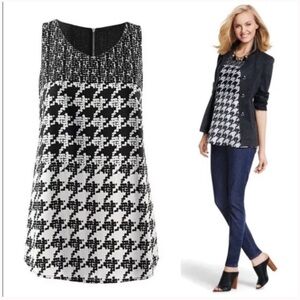 Cabi Black White Houndstooth Sleeveless Tunic Top Mixed Print Back Zip 3090 M